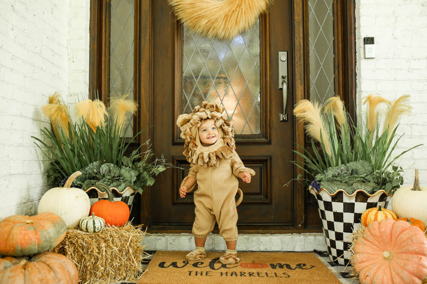 little girl on front porch in lion costume