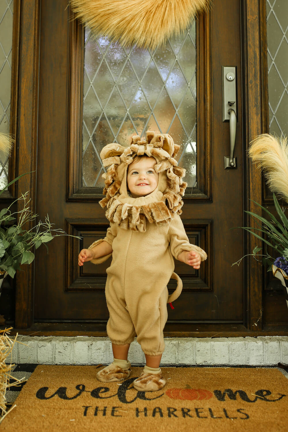 little girl on front porch in lion costume