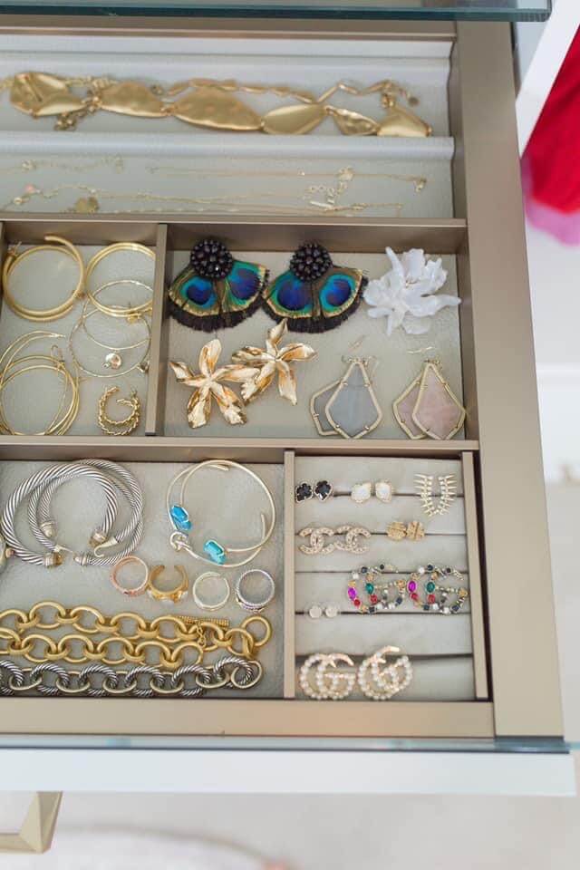 close up view of jewelry organizer in closet drawer
