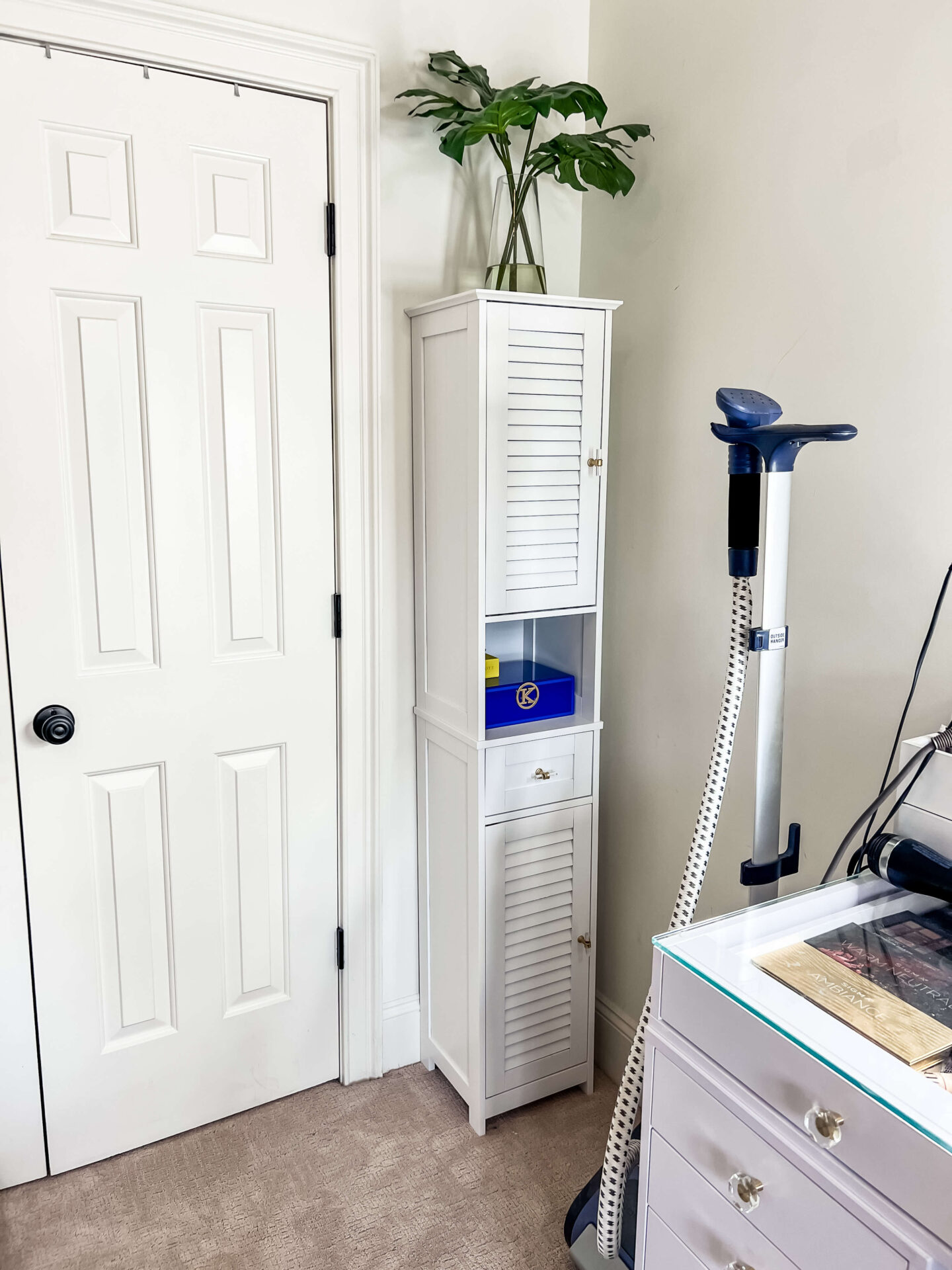 tall white cabinet and clothes steamer in small room turned into a walk in closet