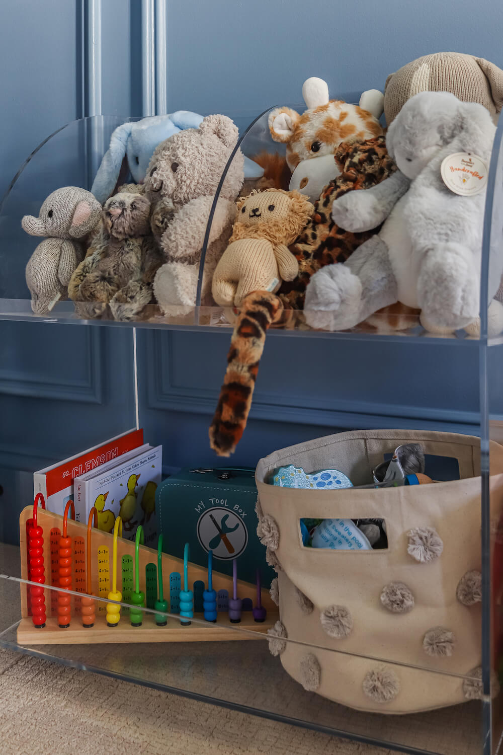 closeup of toys on acrylic shelves