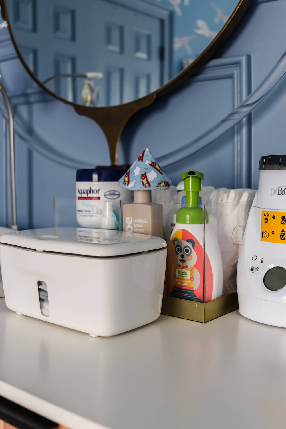 closeup of things on a nursery changing table