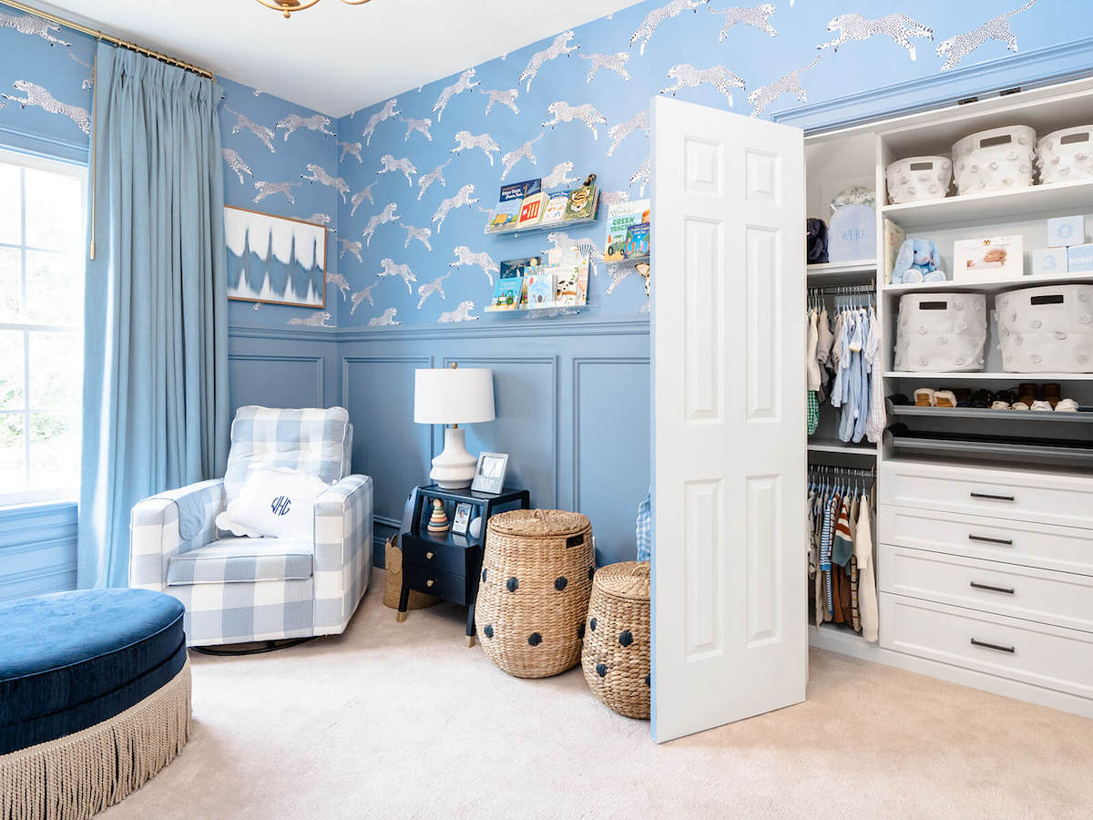 open closet door in adventure themed nursery