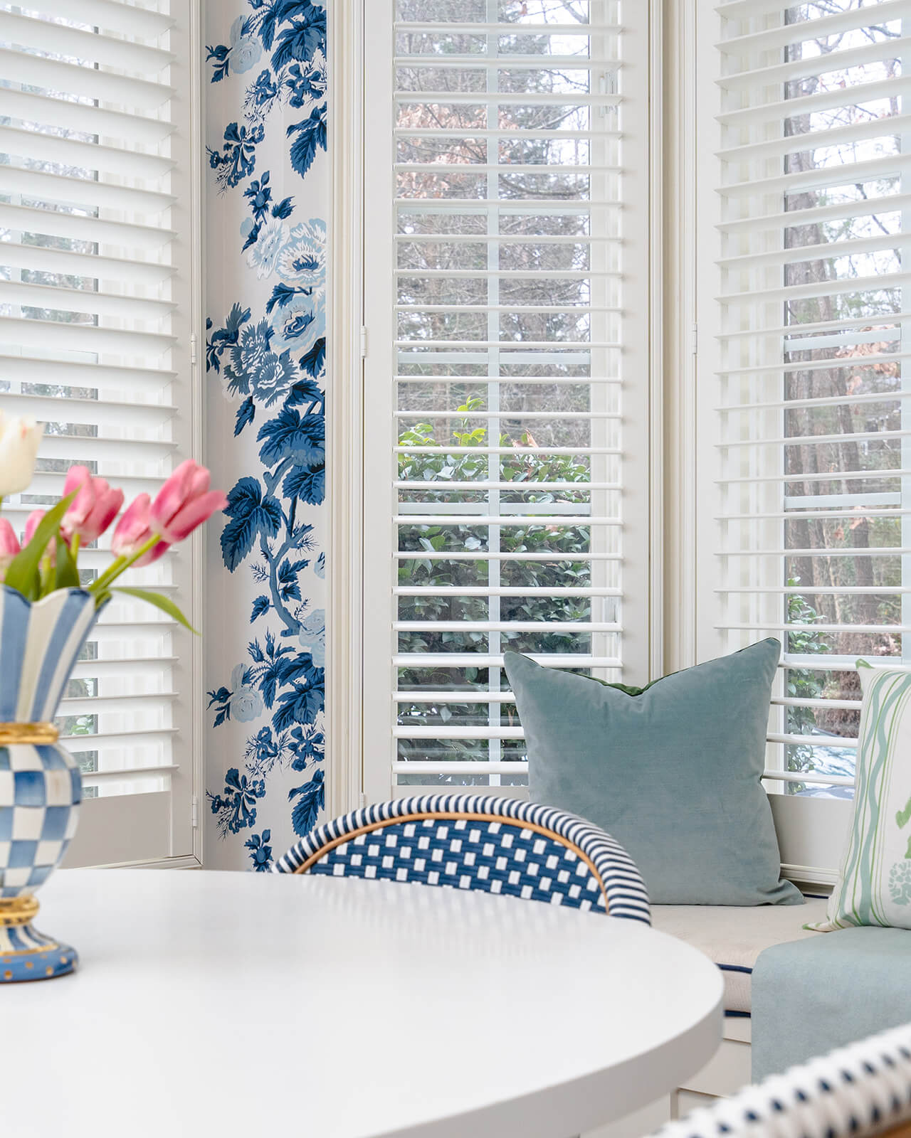 modern kitchen blinds in kitchen with white and blue floral wallpaper