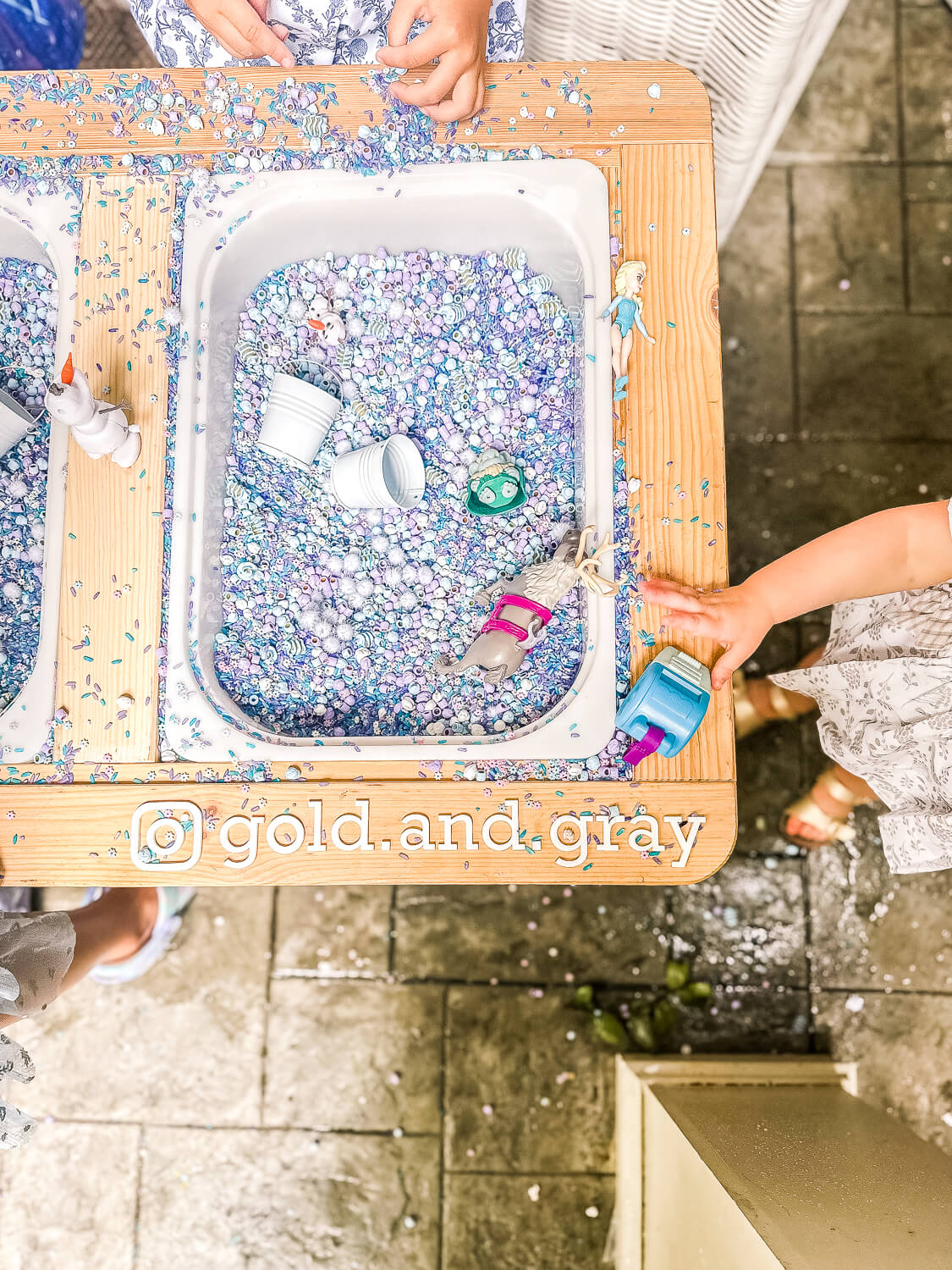 closeup of sensory table that is frozen themed